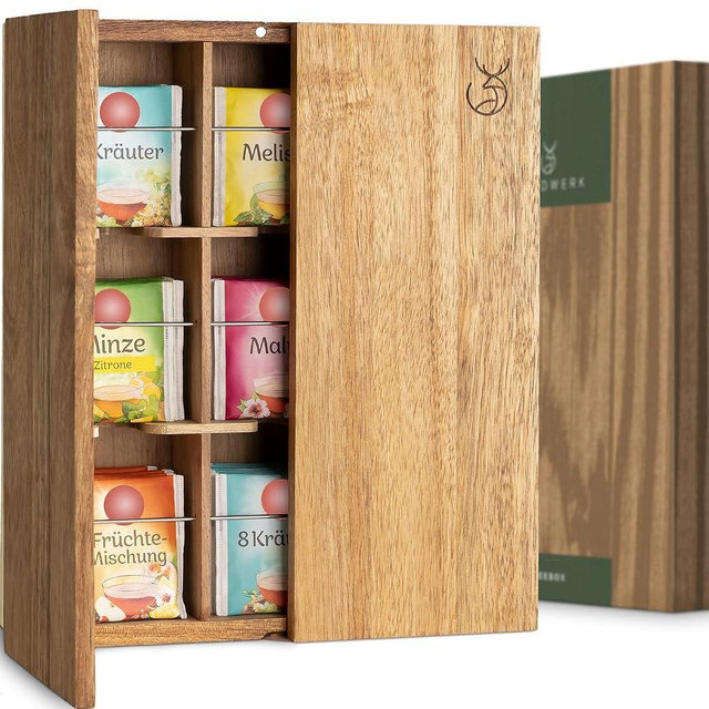 WALDWERK Tea Storage Organizer (9 Compartments) - Tea Organizer Made of Solid Acacia Wood - Tea Box with Wall Mounting Option - Tea Organizer and Storage - Tea Bag Holder - Plastic Free Tea Holder
