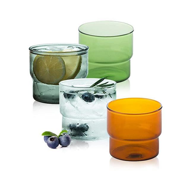 Vintage Glassware Set of 4 - 10 oz, Stackable Colored Drinking Glass Cups, Premium Glass Tumbler for Hot & Cold Beverages, Water, Soda, Milk, Juice, Perfect for Gifts