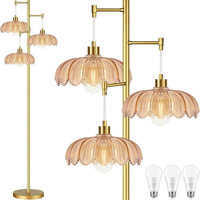 ILLMTW Floor Lamp for Living Room,Bedroom,Gold Mid Century Modern Standing Lamp Brass Tree 3 Light Tall Floor Lamps Vintage Retro Floor Lights Glass Flower Lamp Shade Farmhouse Boho Bohemian