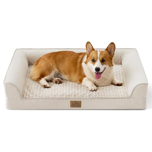 COZY KISS Orthopedic Large Dog Beds, Bolster Pet Couch with Waterproof Lining, Egg Crate Foam Sofa for Pets Up to 65 lbs, U-Shaped, 36x27x6.5 inch, Beige