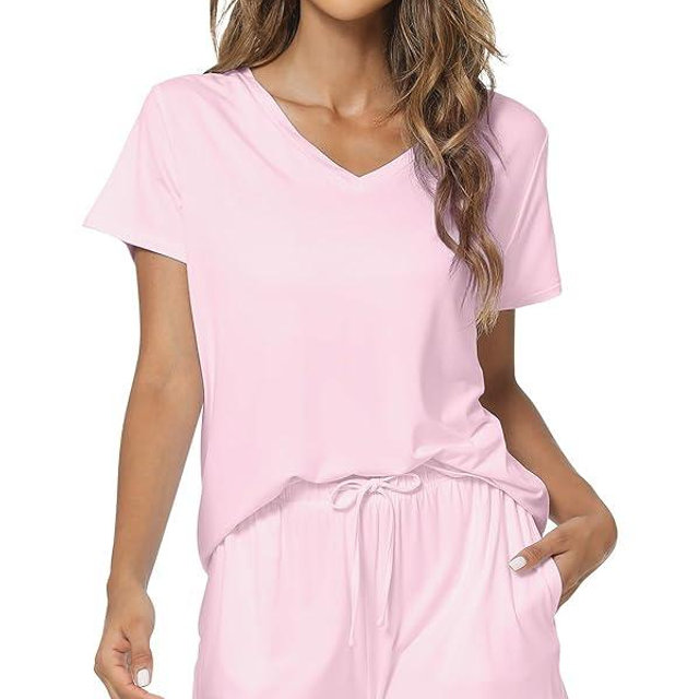 WiWi Womens Pajamas Set Viscose from Bamboo Soft Short Sleeve Top with Ruffle Shorts Sleepwear Ladies Pjs Sets S-XXL