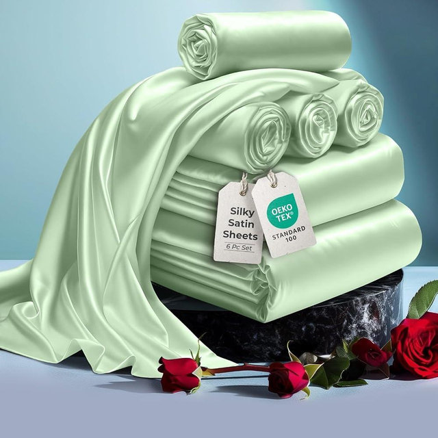 DECOLURE Satin Bed Sheets - 6 Piece Luxury Silky Queen Size Bedding Set - Softer Than Silk, Wrinkle-Free with 15” Deep Pocket Fitted Sheet, Perfect for Hair & Skin, Gifts for Women (Sage Green)