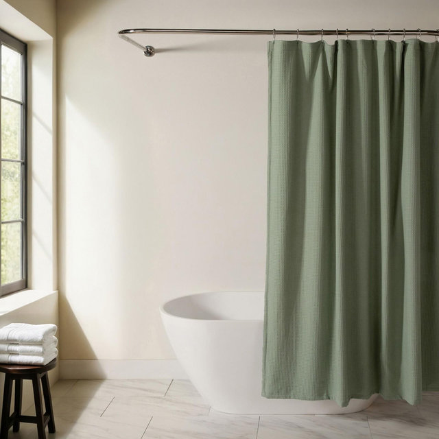 Cotton Blend Waffle Shower Curtain – 72x72 Spa Fabric Shower Curtain, Textured Waffle Weave, Hotel Style Bathroom Decor - Becky Cameron, Sage