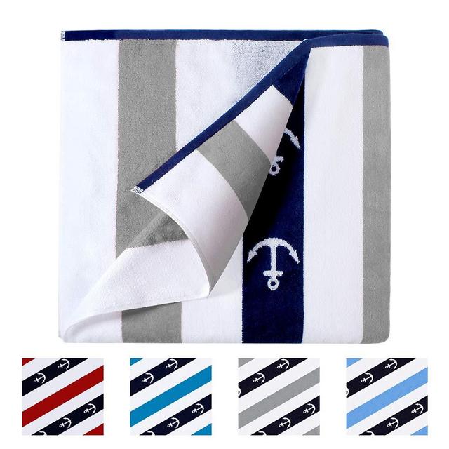 CABANANA Plush Oversized Beach Towel - Cotton Fluffy 35 x 70 Inch Anchor Striped Pool Towel, Large Cabana Summer Swimming Towel (Grey)