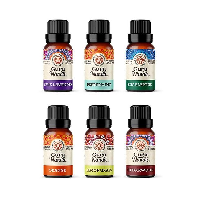 GuruNanda Top 6 Singles Essential Oils Set - Pure & Undiluted, Therapeutic Grade Oil for Aromatherapy Diffuser - Lavender, Peppermint, Eucalyptus, Lemongrass, Orange, Cedarwood