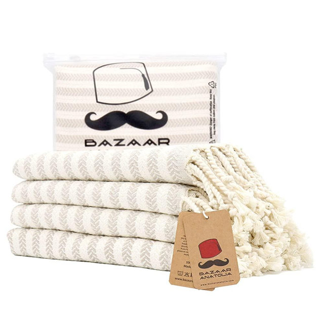 Turkish Hand Towels Set of 4 Arpa Peshtemal Towel 100% Cotton 45x20 Decorative Bathroom Towel Boho Farmhouse Decor Light Weight Quick Dry Hand Bath Hair Gym Face Tea Kitchen Dishcloth Set (Cream)