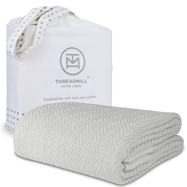 Threadmill Queen Blanket - 1 Piece Herringbone Cotton Throw Lightweight Blanket, Soft 100% Long Staple Cotton, Thermal Light Grey Throw for Bed, Couch & Car
