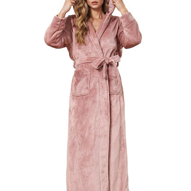 Hellomamma Long Hooded Robe for Women Luxurious Flannel Fleece Full Length Bathrobe Winter Warm Pajamas Shower Nightgown