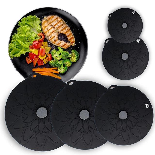 HOGOWARE Set of 5 Premium Silicone Lids for Bowls and Food Covers - 6, 8, 10, 12, 13.5" – Black Suction Lid - Reusable - Microwave Airtight Seal Lid Covers for Pots, Pans, Bowls, Cups, Skillets