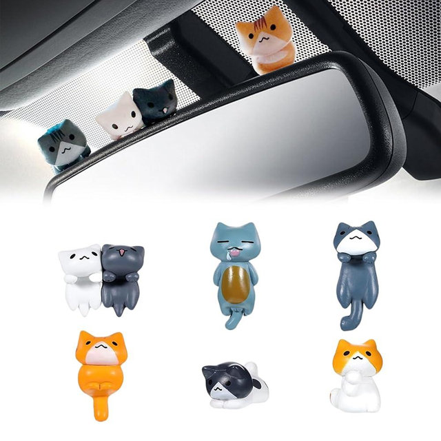 Car Cute Cat Decor Rearview Mirror Ornaments Decorations Dashboard Truck Interior Ornament Decorate Funny Pussy Figure EV Decorative Gifts RV Decors Universal Accessories Cartoon Animals (6 Pcs)
