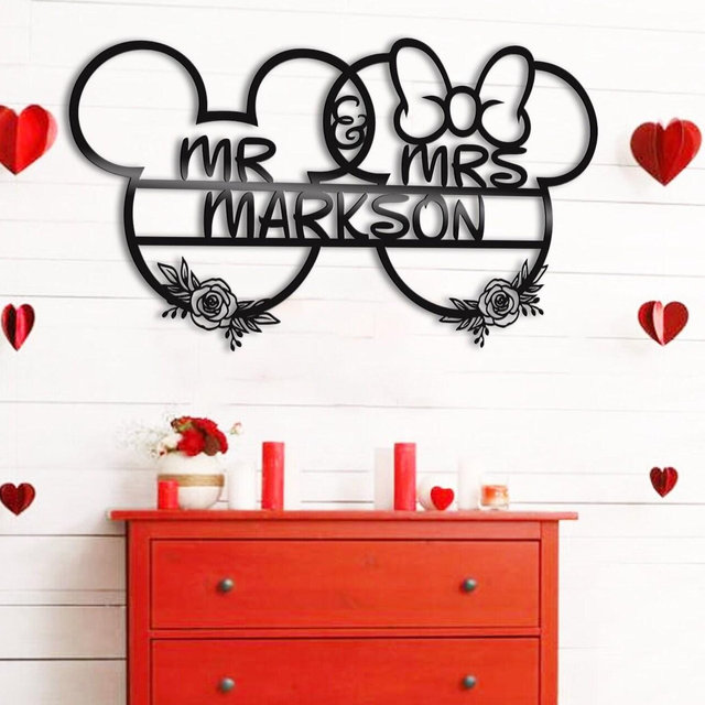 Customized Mickey And Minnie Sign, Mr And Mrs Wedding Sign, Floral Family Monogram, Metal Wedding Decor, Anniversary Gift, Bedroom Gifts