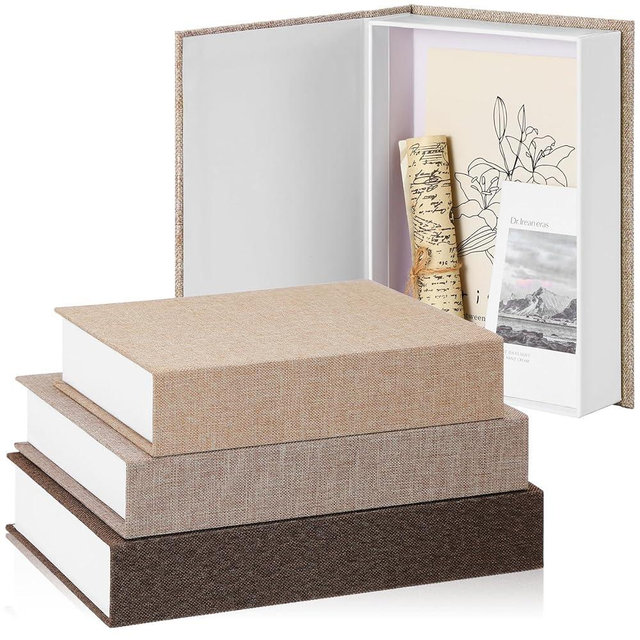 Tioncy 3 Pcs Decorative Book Box Modern Fake Book Storage Box Linen Faux Books for Bookshelf Decoration Coffee Table Book for DIY Crafts(Khaki, Dark Coffee, Light Coffee, Multi Sizes)