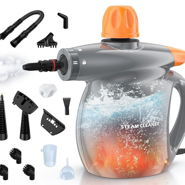 Steam Cleaner, Pressurized Handheld 13pcs Multi-Purpose Natural Deep Cleaning Steamer, Portable Steamer for Cleaning Home, Grout, Kitchen, Car, Window, Upholstery, Bathroom and Clothes, Gray