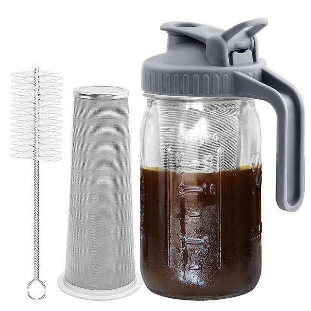 Cold Brew Coffee Maker Pitcher, 32 oz Thick Glass Mason Jar Spout Lid with Handle & Stainless Steel Filter for Iced Brew Coffee, Ice Lemonade, Sun Tea, Fruit Drinks Container