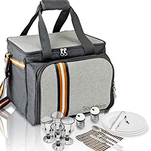 PREMIUM Extra Large Picnic Basket keeps food Hot/Cold for 12 Hours UPGRADED lunch tote For 4 People Picnics includes stainless steel spoons forks plates napkins wine With Flatware (PICNIC BASKET)