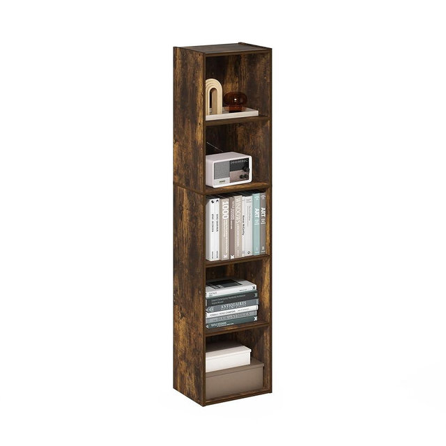 Furinno PASIR Book Shelf, 5-Tier Modern Bookshelf, Open Shelves Bookcase 9 x 12 x 52, Easy Assembly, for Living Room, Bedroom, Home Office, Amber Pine