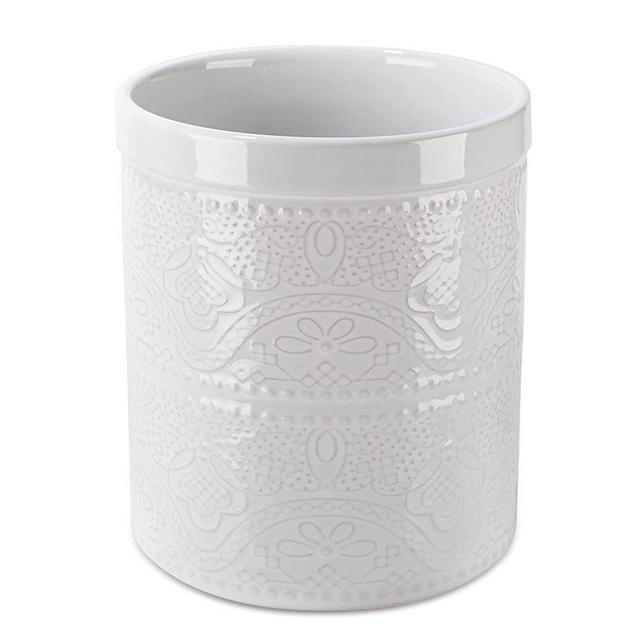 FE Kitchen Utensil Holder,7.2" Large Utensil Crock Heavy and Stable Lace Emboss Ceramic Utensil Holder for Countertop (White)