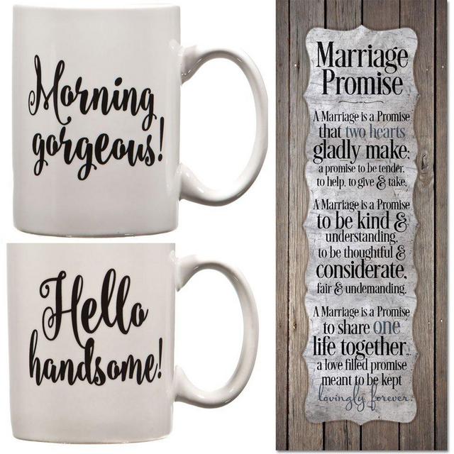 (Set) Marriage Promise Plaque & Gorgeous Handsome His & Hers Ceramic Mug Set