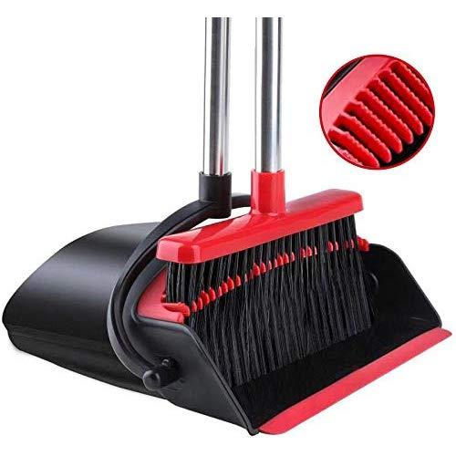 Broom and Dustpan [2019 Version] Tiumso Dust pan Broom Set with Upgrade Combo and Sturdiest Extendable Long Handle,4 Layers Bristles,Upright Standing for Home, Office, Kitchen, Lobby(Black+red)