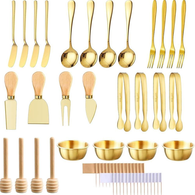 Charcuterie Boards Accessories Gold Charcuterie Accessories for Charcuterie Board Charcuterie Utensils with Cheese Spreader Butter Knive Set Mini Tongs Spoons Forks Honey Dipper Toothpick Flags