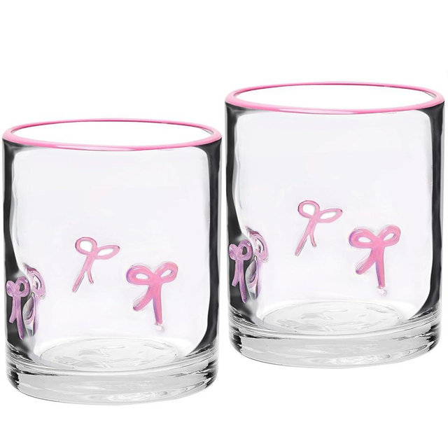 AIOMOB 2 Pcs Pink Bow Icon Juice Glass Coquette Bow Aesthetic Anthropologie Cup 14 Oz Double Old Fashioned Icon Hand Blown Glass with Heavy Base for Cute Cocktail Glasses Women Friend Party