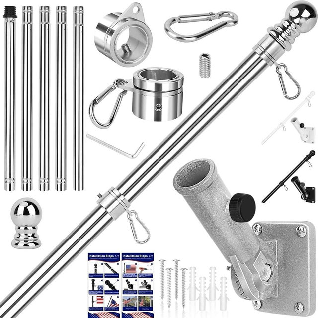 Flag Pole Kit, 6 FT Flag Pole for Outside House, with Heavy Duty Holder Bracket, Aluminum Alloy Tangle Free Rings, Thickened Stainless Steel Flagpoles for Residential, Outdoor or Porch, 1 Inch Silver
