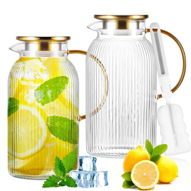 Glass Pitcher with Lid,2 PACK 64 oz/1.9 Liter Stripes for Fridge,Iced Tea,Cold Brew,Sangria,Lemonade,Heat Resistant Borosilicate Water Jug for Hot/Cold Drinks and Milk,Glass Water Carafe