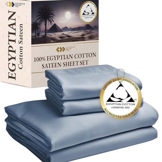 California Design Den Certified Luxury 100% Egyptian Cotton Sheets, King Size Bed Sheets, Deep Pocket Sateen Cooling Sheets for Hot Sleepers, Egyptian Cotton Sheets King, Blue Bed Sheets