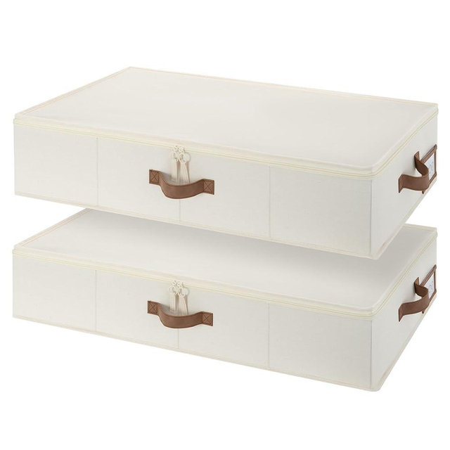 StorageWorks Underbed Storage with Lid, 2-Pack Under Bed Storage Containers for Clothes, Bedding, and Sweaters, Beige