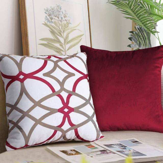 Original Velvet Cushion Covers 20x20 Mix and Match (Set of 2) Decorative Throw Pillow Covers for Living Room / Sofa / Couch Bed (Red/Taupe&Red)
