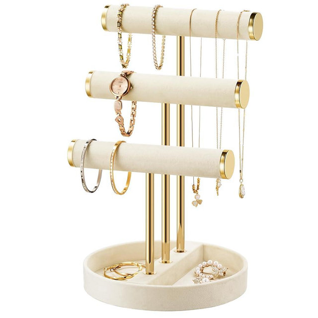 bussdis Bracelet Holder Jewelry Organizer Display - 3 Tier T Bar Velvet Stand, Beige Necklace Holder Organizer, Bracelet Holder, Earring Holder and Ring Display for Jewelry Organizers and Storage