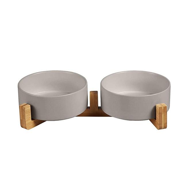 Ceramics Dog and Cat Bowl with Wood Stand Non-Slipped Bottom Food Water Feeder for Cats &Small Dogs