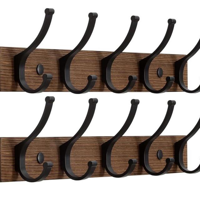 Optish Coat Rack Wall Mount, 16.5 Inches Wood Coat Hooks Wall Mount, Wall Coat Rack with 5 Hooks, Hat Rack Wall Hooks for Hanging Coat, Bag, Towel (2Pack, Brown)