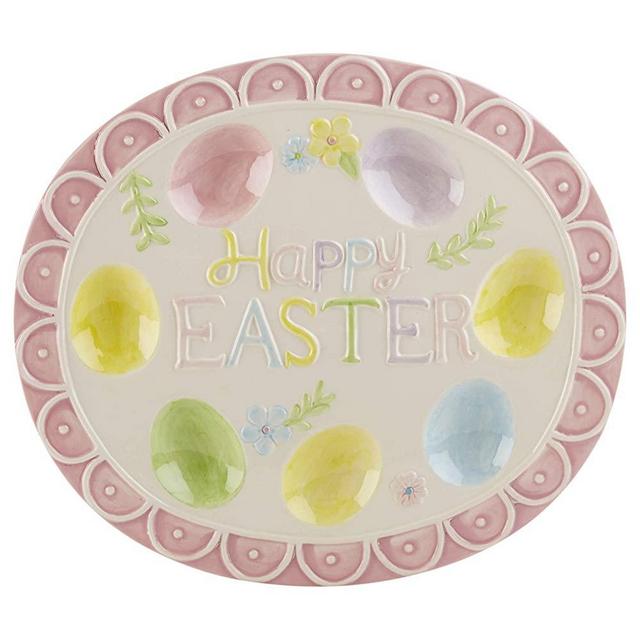 Delton Products 1115-6 Happy Easter Pastel Flower Design 10.6 X 12 Inch Ceramic Deviled Egg Serving Platter Dish, Multicolor