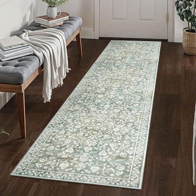 SILOLOOM Vintage 2x8 Hallway Runner, Sage Green Beige Washable Hallway Rug Runner Non Slip, Super Soft Kitchen Runner Rug, Print Faux Wool Floral Thin Carpet Runner for Entryway Indoor Bedroom