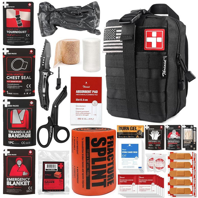 Survival First Aid Kit with Israeli Bandage, Splint, Chest Seal, Tactical Military Combat Molle IFAK for Wound Care, Bleeding Control, Trauma Hemorrhage and More