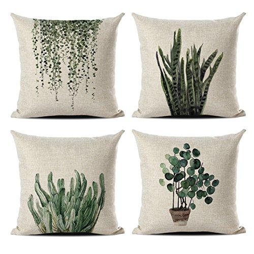 Set Of 4 Green Plant Throw Pillow Covers Decorative Cotton Line Outdoor Cushion Cover Sofa Home Pillow Covers 18x18