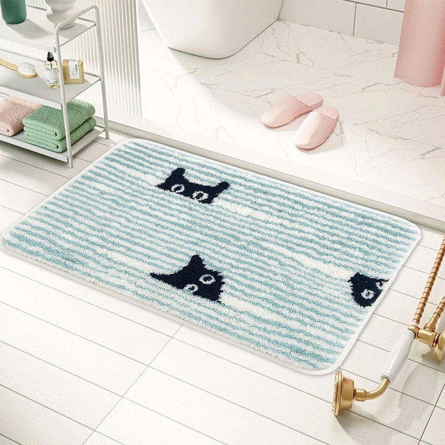 Handcrafted Thick Cat Bath Mat 50x80cm, Tufted Plush Washable Bath Rugs, Cute Surfing Sneaking Cat Bathroom Mat,Embossed Modern Bathmat