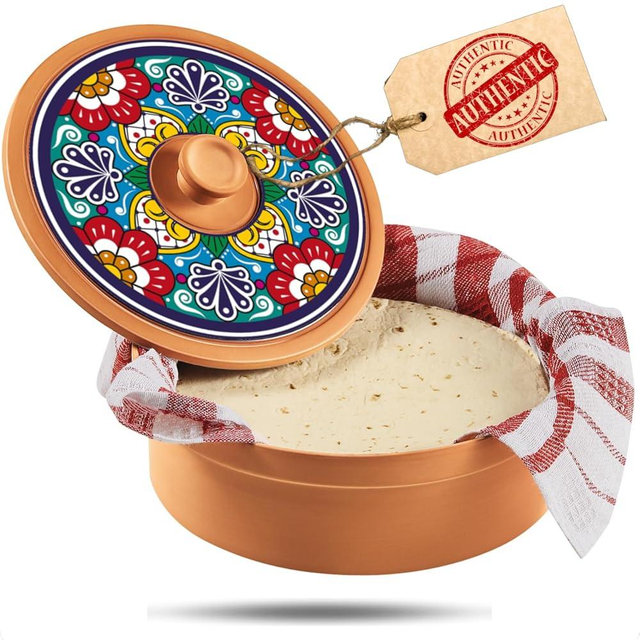 woobud Authentic Terracotta Tortilla Warmer w Decorative Lid, Mexican Terra Cotta Tortilla Holder w Warmer Cloth, Traditional Clay Tortilla Container Heater & Tortillero, Talavera
