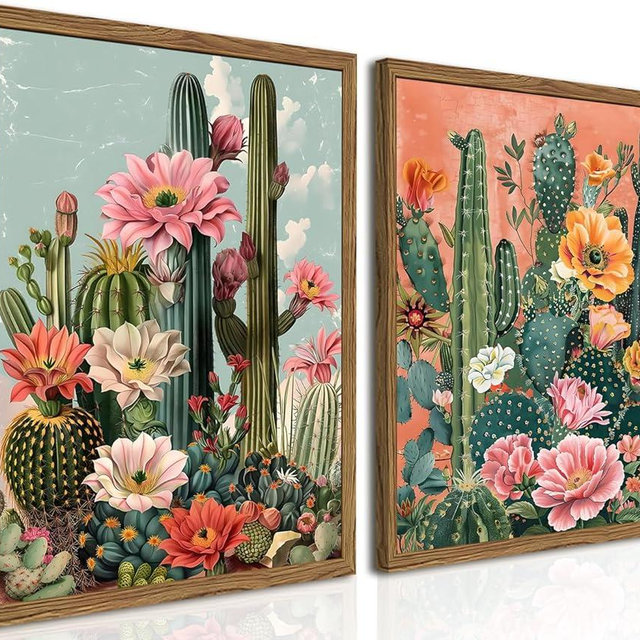 Framed Mexican Cactus Canvas Wall Art Set of 2, Vintage Desert Floral Wall Decor Paintings, Southwestern Boho Botanical Pictures Prints Aesthetic Home Decor for Living Room Bedroom Bathroom 12x16 inch