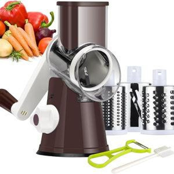 Rotary Cheese Grater Hand Crank, Kitchen Shredder Speed Mandolin Slicer Nuts Grinder with Handle and Drum Blades for Cheese, Vegetable, Walnuts, Chocolate, Potato, Carrot, 3 Blades, White