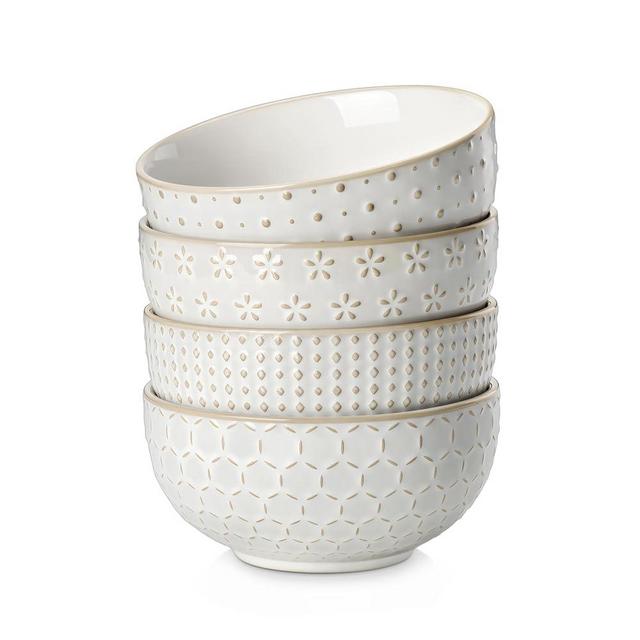 MALACASA Cereal Bowls, 30 Ounce Ceramic Soup Bowl for Kitchen, Stoneware Bowls Set of 4 with Embossment for Pho, Chip, Fruits, Salad, Noodle, Ramen - 6 Inch, Arctic White Series LYDIA
