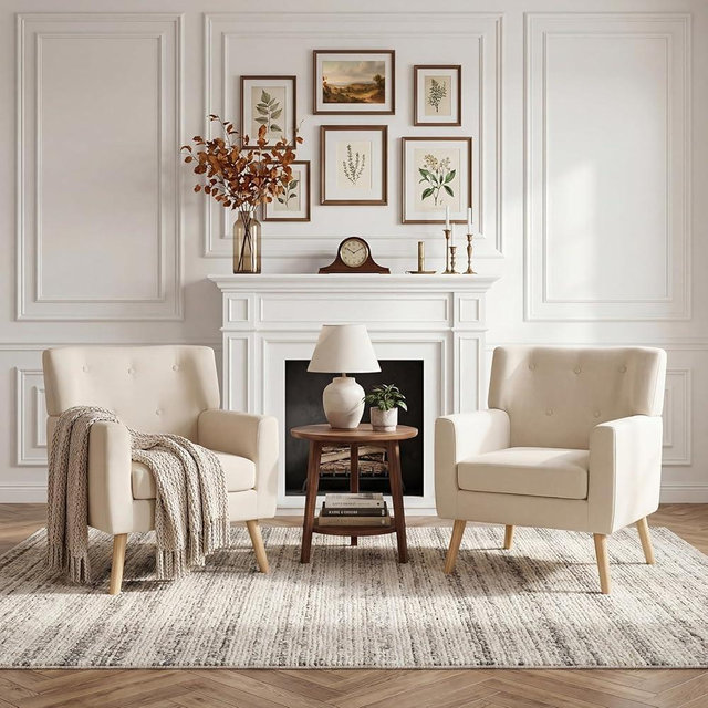 PrimeZone Mid-Century Modern Accent Chairs Set of 2 - Comfy Fabric Living Room Chairs, Reading Armchairs with Button Tufted Design & Wing Back, Cozy Upholstered Armchair for Bedroom, Corner, Beige
