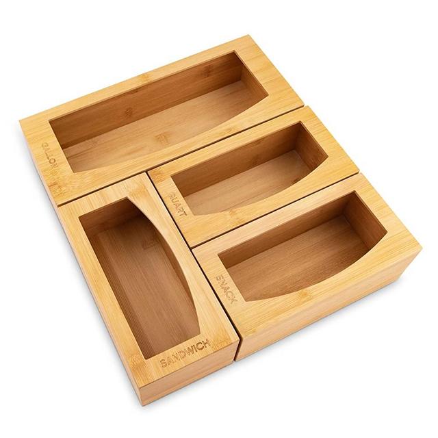 Daily Creations Food Storage Bag Organizer - Bamboo Wood Kitchen Drawer Holders Compatible with Gallon, Quart, Sandwich & Snack Variety Size Bags, Set of 4