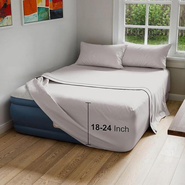 Air Mattress Sheet Set for Queen Size - 4 Piece Breathable & Cooling Sheets w/ Extra Deep Pockets - Fits Inflatable & Blow Up Air Mattresses Up to 24 Inches Thick - Soft & Wrinkle Free - Light Grey