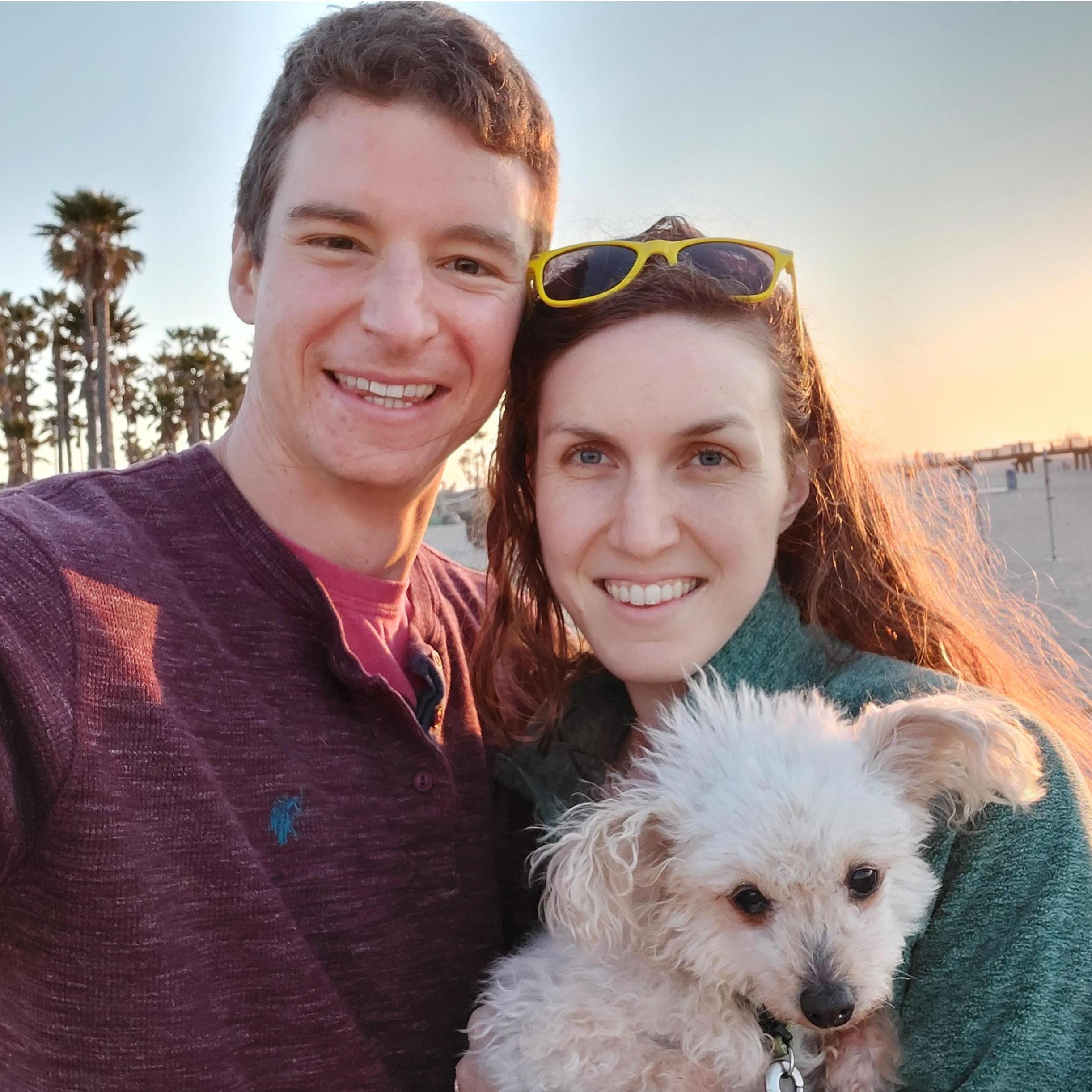 The newly returned Californians soaking in a sunset on next door Hueneme Beach w/ their little fluff Wren.