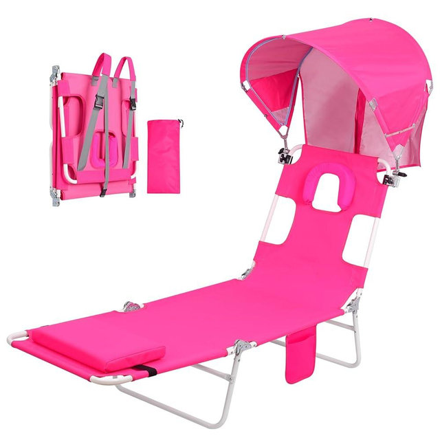 Backpack Beach Tanning Lounge Chair with Canopy Sun Shade Face Hole for Adults Outside Reading Sunbathing Poolside Camping, UPF 50+, Pink