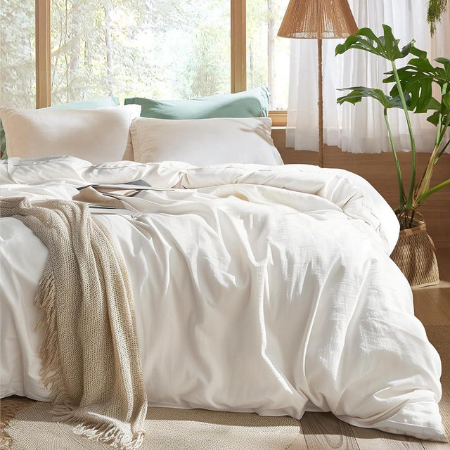 Bedsure 100% Muslin Cotton Duvet Cover King Size - Ultra-Soft, Breathable & Lightweight - Linen Like Gauze Comforter Cover Set with Zipper Closure and Corner Ties (White, King, 104"x90")