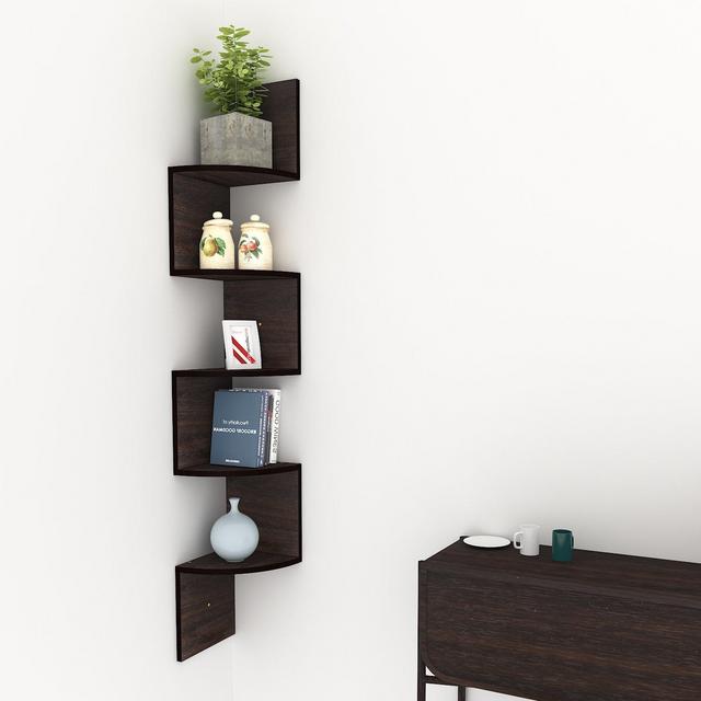 5 Tiers Zig Zag Wall Corner Shelf Wall Mounted Floating Organiser Display Storage Unit (Coffee_Zig Zag Shelf)