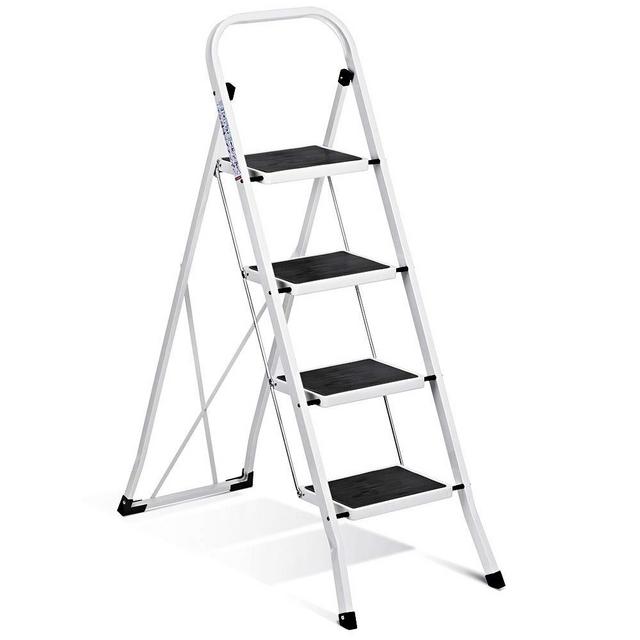 Delxo Folding 4 Step Ladder Ladder with Convenient Handgrip Anti-Slip Sturdy and Wide Pedal 330lbs Portable Steel Step Stool White and Black 4-Feet (WK2040-3)